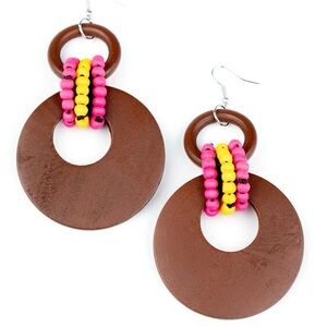 Vintage Paparazzi Beach Day Drama Bohemian Brown and Pink Wooden Earrings